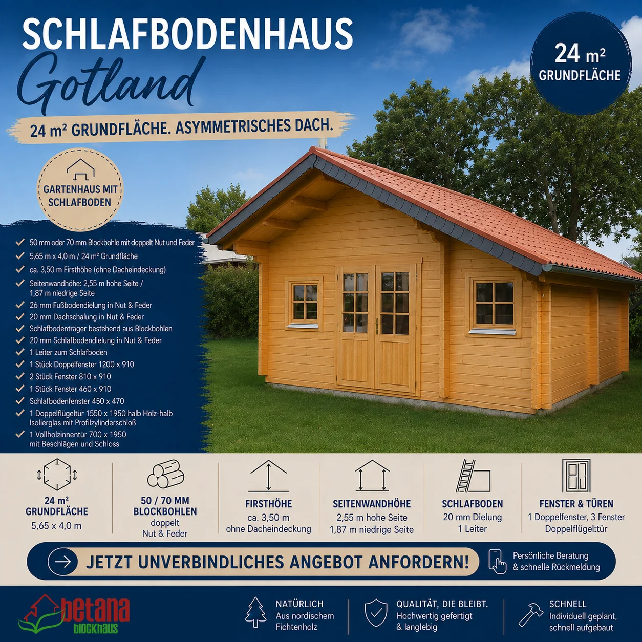 Gartenhaus 24qm mit Schlafboden „Gotland“