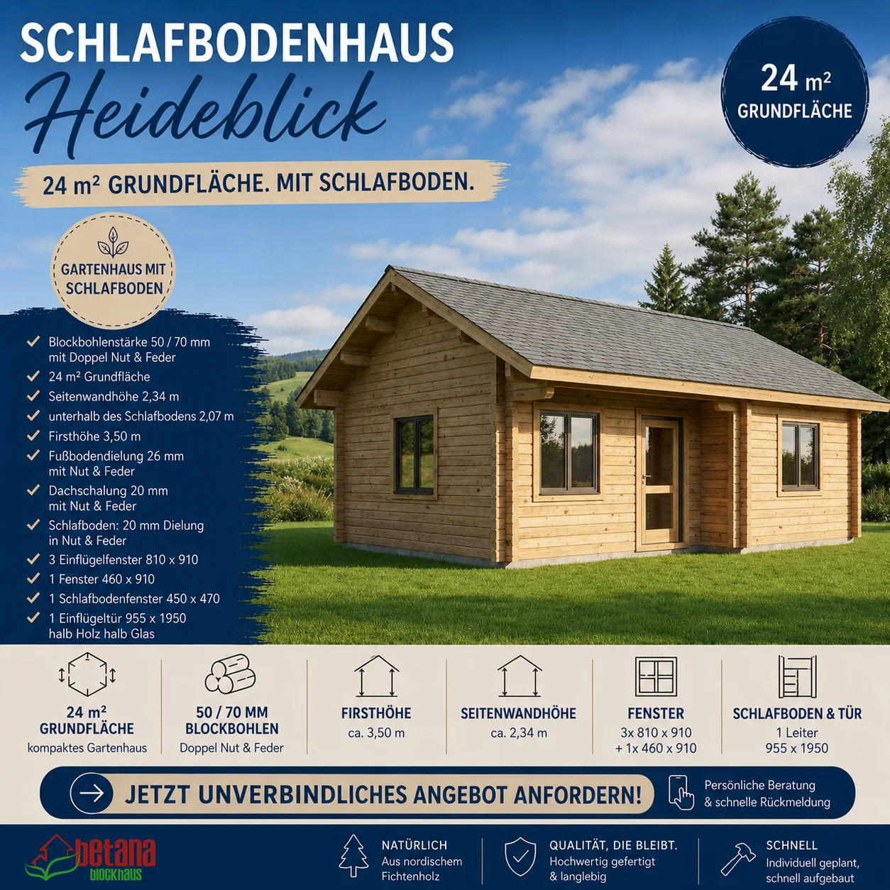Gartenhaus 24qm mit Schlafboden „Heideblick“