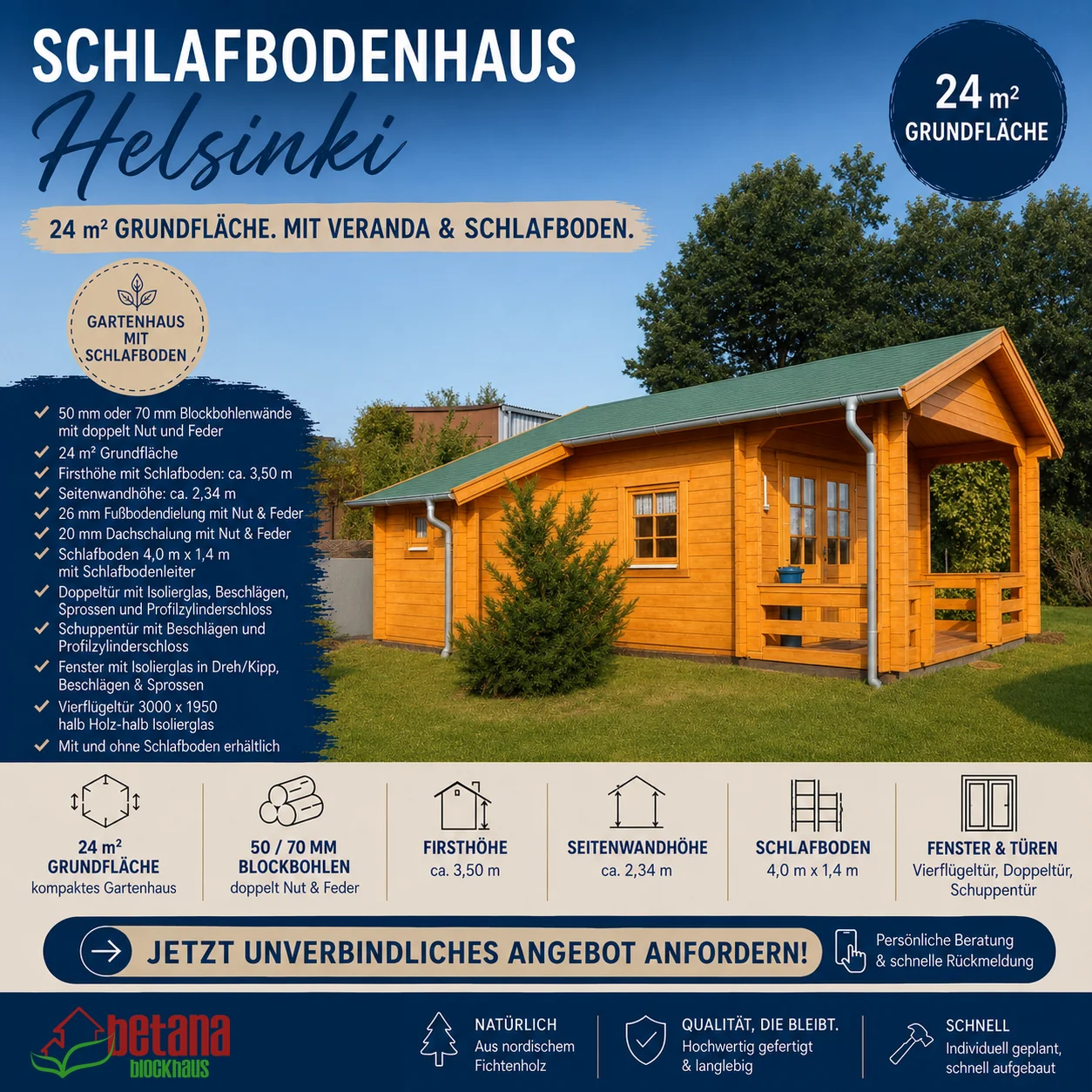 Gartenhaus 24qm mit Schlafboden „Helsinki“ – mit Veranda