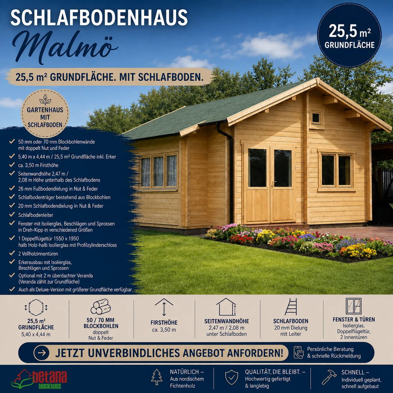 Gartenhaus 24qm mit Schlafboden „Malmö“ – optional m. Veranda 25,5qm