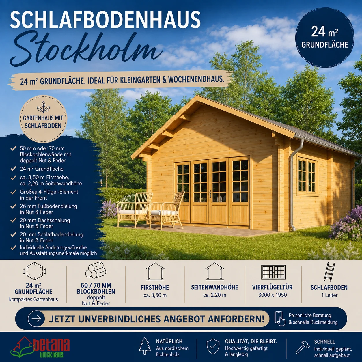 Gartenhaus 24qm mit Schlafboden „Stockholm“