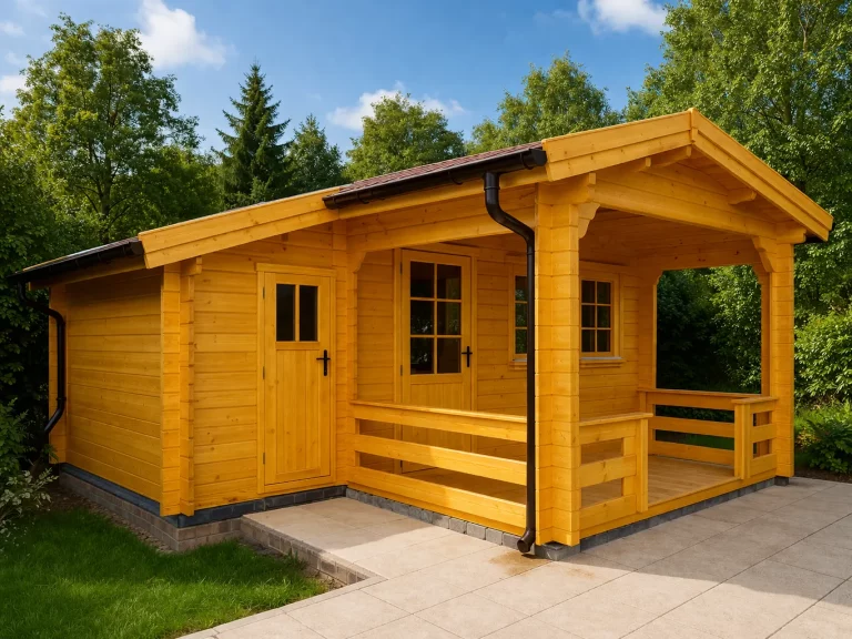 Gartenhaus Kärnten Seitenansicht. Blockhaus aus Holz mit Terrasse. Holzhaus für Garten in Kärnten.