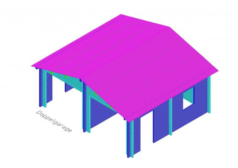 Digitale Illustration einer einfachen, mehrfarbigen Struktur, die einem Haus mit einem auffälligen rosa Dach und blauen Wänden ähnelt, vor einem weißen Hintergrund. Das Design beinhaltet Elemente eines „Blockbohlen“.