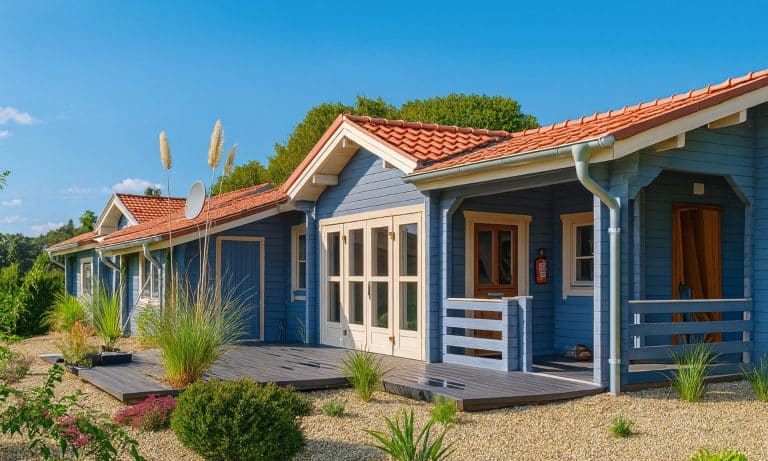 Ein blaues Holzhaus in Göteborg mit rotem Ziegeldach, mehreren Fenstern, Holzterrassen und einer hellen Gartengestaltung mit Kies und Grünpflanzen, aufgenommen an einem klaren, sonnigen Tag.