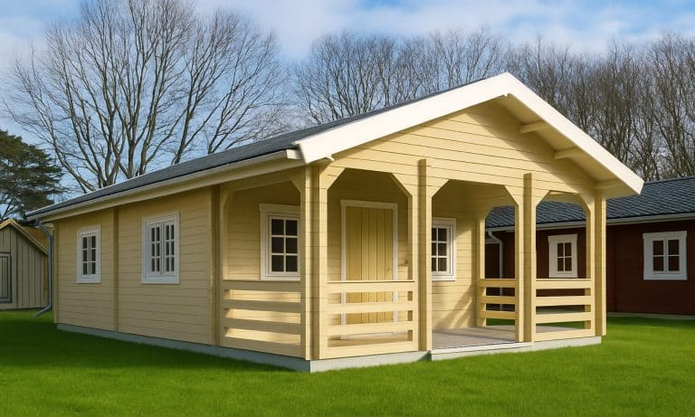 Ein kleines, hellgelbes Ferienhaus Grönland aus Holz mit einer überdachten Veranda, weißen Zierleisten und mehreren Fenstern steht auf grünem Gras, umgeben von blattlosen Bäumen und anderen Hütten im Hintergrund.