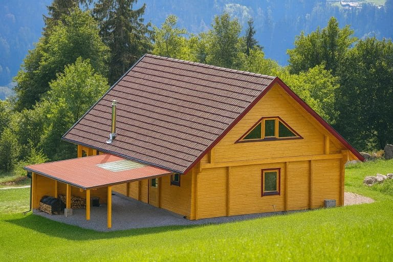 Ein gelbes Holzhaus auf Rügen mit rotem Dach steht auf einem grasbewachsenen Hang, umgeben von Bäumen. Das Haus hat einen überdachten Bereich mit gestapeltem Brennholz und mehreren Fenstern, mit einem bewaldeten Hintergrund und Hügeln in der Ferne.