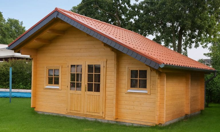 Ein kleines hölzernes Gartenhaus 24qm mit Schlafboden "Gotland" mit rotem Schrägdach, Doppeltüren und drei Fenstern steht auf einer grünen Wiese mit Bäumen und Sträuchern im Hintergrund.