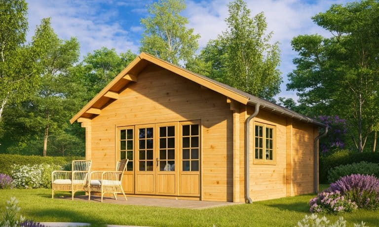 Ein kleines hölzernes Gartenhaus 24qm mit Schlafboden "Stockholm" mit doppelten Glastüren und Fenstern steht auf einer Terrasse mit zwei Korbstühlen, umgeben von grünem Gras, Bäumen, Sträuchern und einem teilweise bewölkten blauen Himmel.