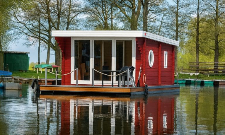 Ein kleines rotes Hausboot aus Blockbohlen mit großen Fenstern und einem weißen Dach schwimmt auf ruhigem Wasser, umgeben von Bäumen und Grün. An der Vorderseite lädt ein Deck mit Stühlen zum Entspannen ein, eingefasst von einem klassischen Seilgeländer am Rand.