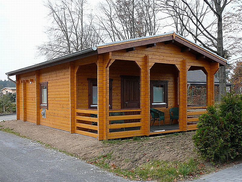 Een houten hut met overdekte veranda, ingericht met twee stoelen en gelegen aan een verhard pad, omgeven door bomen en struiken.