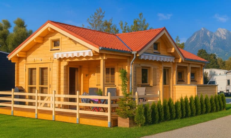 Das einstöckige Ferienhaus Göteborg Deluxe aus Holz mit rotem Dach verfügt über eine überdachte Veranda, einen eingezäunten Vorgarten und Gartenmöbel. Genießen Sie den Blick auf die Berge und die Bäume im Hintergrund unter einem klaren, blauen Himmel.