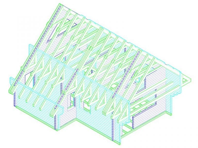 3D-afbeelding van een houten dakframeconstructie met gedetailleerde balken en spanten, afgebeeld in groene en blauwe lijnen op een witte achtergrond.
