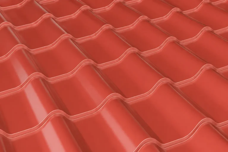 Dacheindeckung Metalldach in Ziegeloptik, rotes Dachprofil