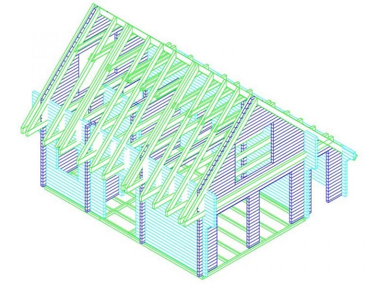 Illustratie van het houten frame van een huis, met de gedetailleerde structuur van het dak, de muren en de steunbalken in een driedimensionaal isometrisch aanzicht, gemarkeerd met groene en roze lijnen.