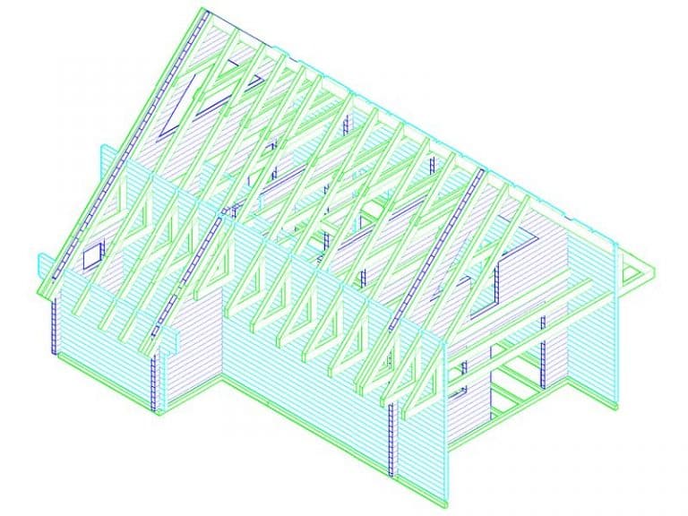 3D-diagram van de dakconstructie van een huis, met houten spanten, gordingen, spanten en balken in cyaan lijnen, waarbij de constructiedetails vanuit een lichte luchthoek worden benadrukt.