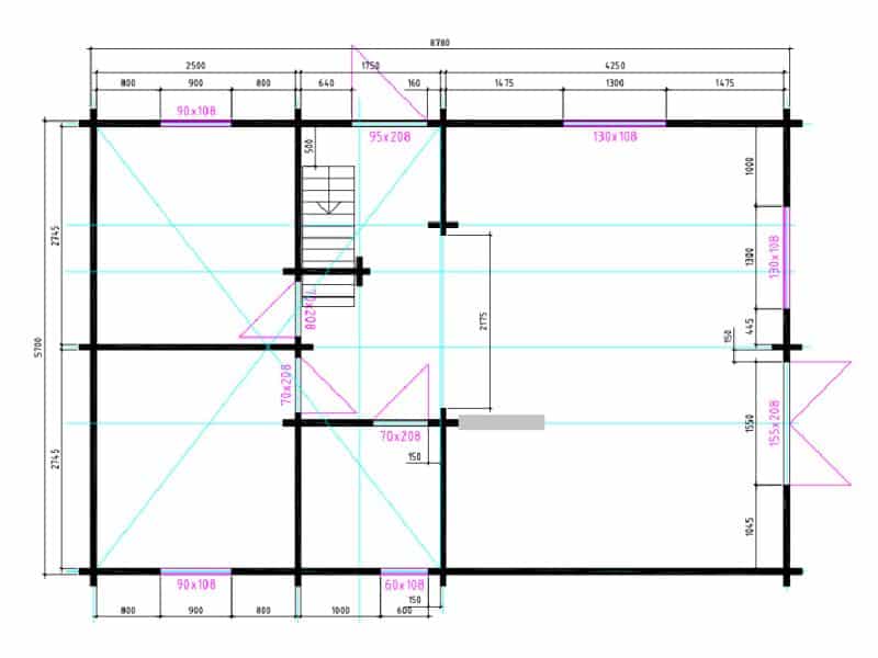 Technical drawing of a floor plan with various dimensions marked in pink and blue, showing room layouts, measurements, and the placement of stairs.