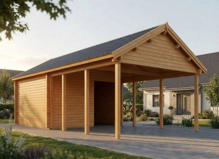 Carport mit Geräteraum: Holzcarport mit geschlossenem Raum für Gartengeräte und überdachtem Stellplatz.