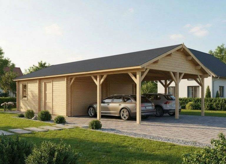 Doppelgarage mit Vordach: Holzgarage mit zwei Autos. Carport für zwei PKWs, moderne Bauweise.