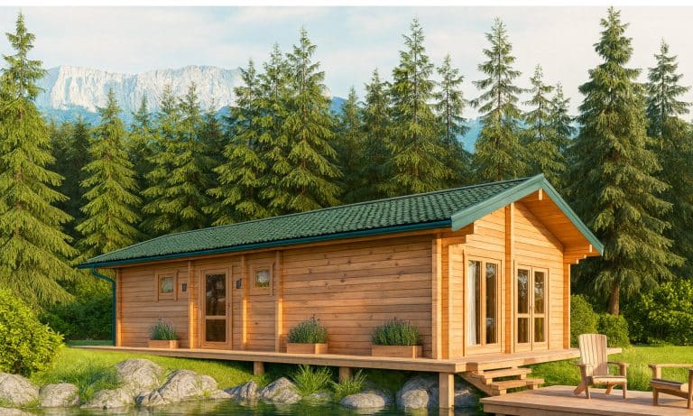 Ein kleines Blockhaus Modell Brandenburg als Ferienhaus mit begrüntem Dach steht auf einer erhöhten Terrasse in der Nähe eines Teiches, umgeben von Kiefern und Bergen. Zwei Holzstühle sitzen am Wasser auf der rechten Seite des Bildes.