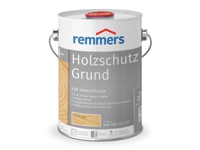 A can of remmers holzschutz grund wood preservative, designed for softwoods, with features like protecting against blue stain and insect damage listed in german on the label.