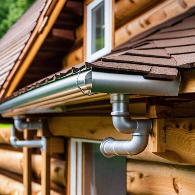 Vom Dach einer Blockhütte hängt ein Metallrohr, Regenrinnen genannt.