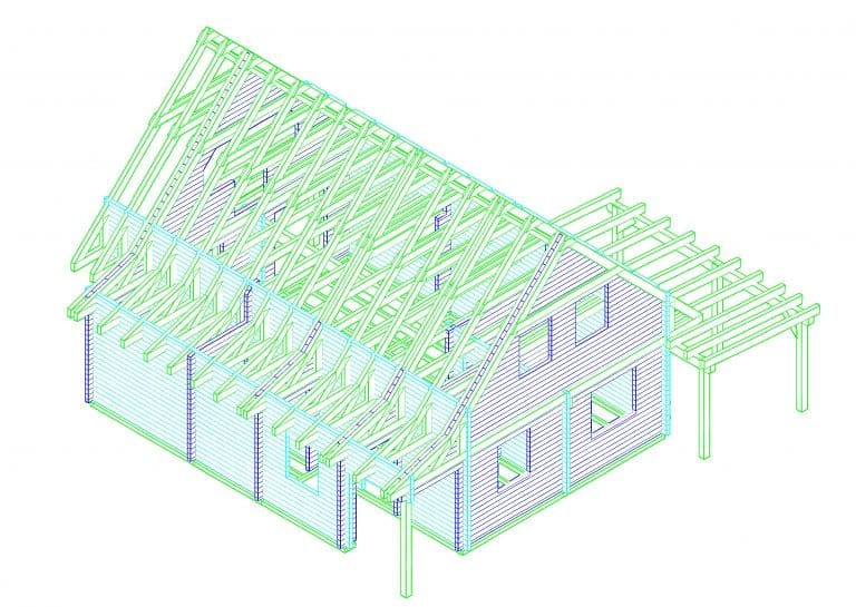 Betana Blockhaus - Ein 3D-Modell eines Hauses mit Fachwerken und Balken.