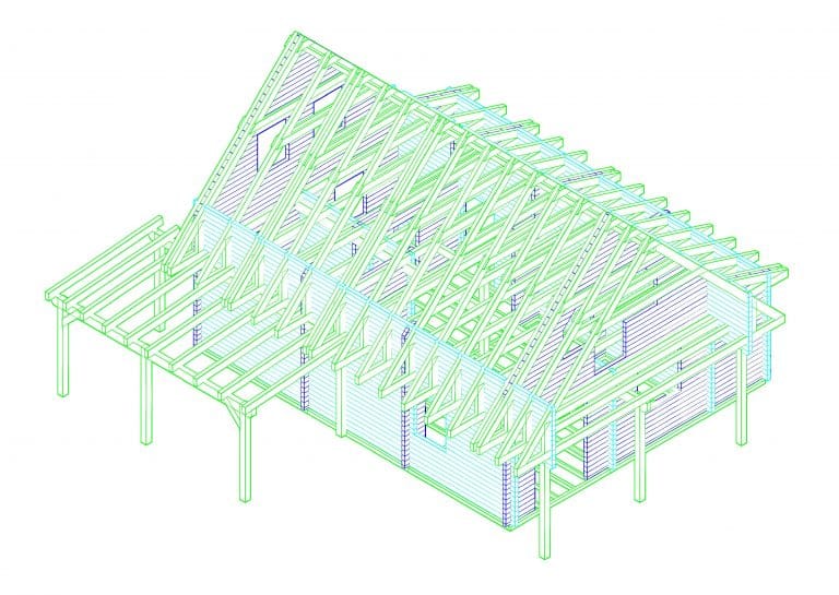 Betana Blockhaus - Ein 3D-Modell eines Hauses mit Fachwerken und Balken.