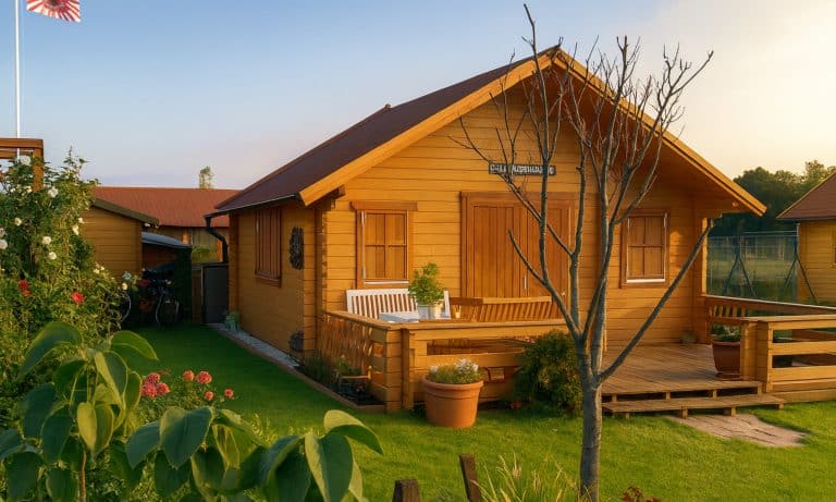 Ein kleines hölzernes Gartenhaus 24qm mit Schlafboden "Bodensee" mit einer Veranda und einer Bank steht in einem grünen Hof mit Pflanzen und Blumen, verschlossenen Fenstern, einer Topfpflanze und einem Baum im Vordergrund. Im Hintergrund ist eine Fahne zu sehen.