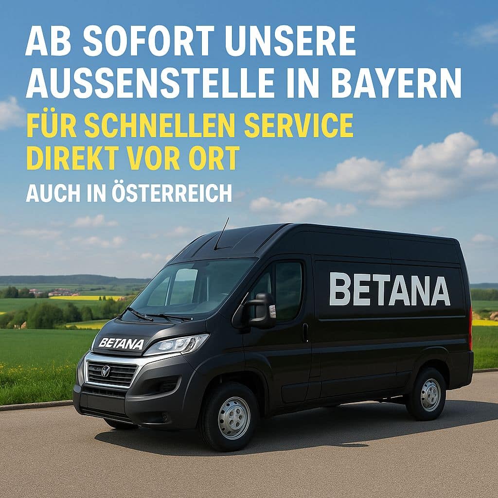 A black van labeled "BETANA" is parked on a road in a green field under a partly cloudy sky. The text above announces the new Betana branch office in Bavaria, which offers a fast on-site service for log house projects in Bavaria and Austria.