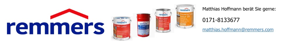 Remmers-Logo mit fünf Dosen von Remmers-Produkten in einer Reihe. Die Kontaktdaten von Matthias Hoffmann werden angezeigt: Telefonnummer 0171-8133677 und E-Mail matthias.hoffmann@remmers.com.