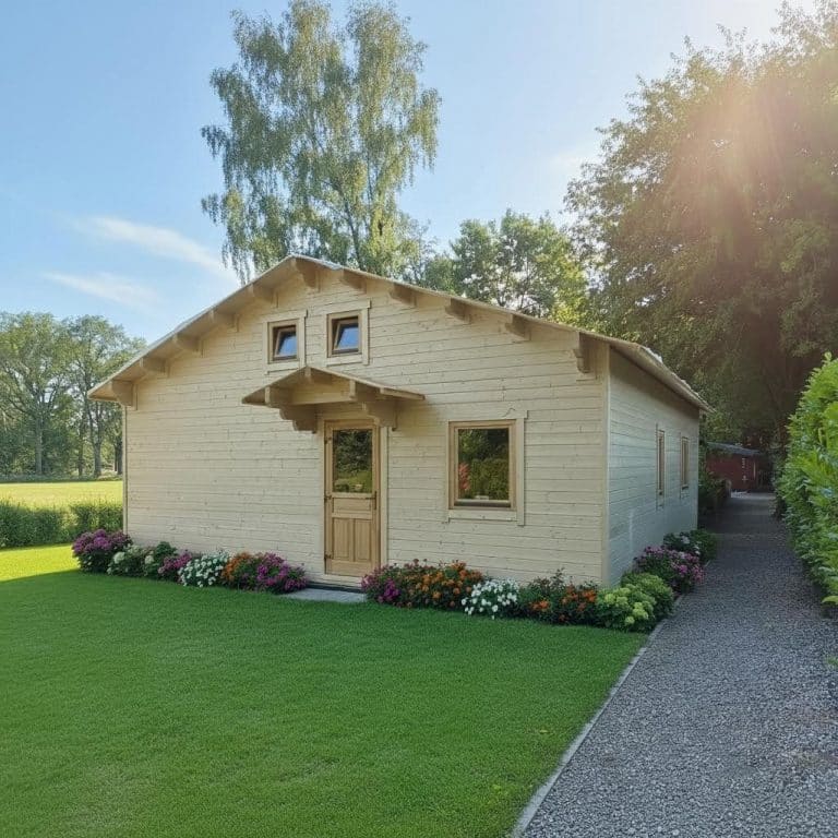 Home Ein kleines, helles Holzhaus Rosenau 70 mit einem Satteldach, zwei Fenstern an der Vorderseite und einer zentralen Tür. Es ist umgeben von grünem Gras, Blumenbeeten und einem Kieselweg an einem klaren, sonnigen Tag.