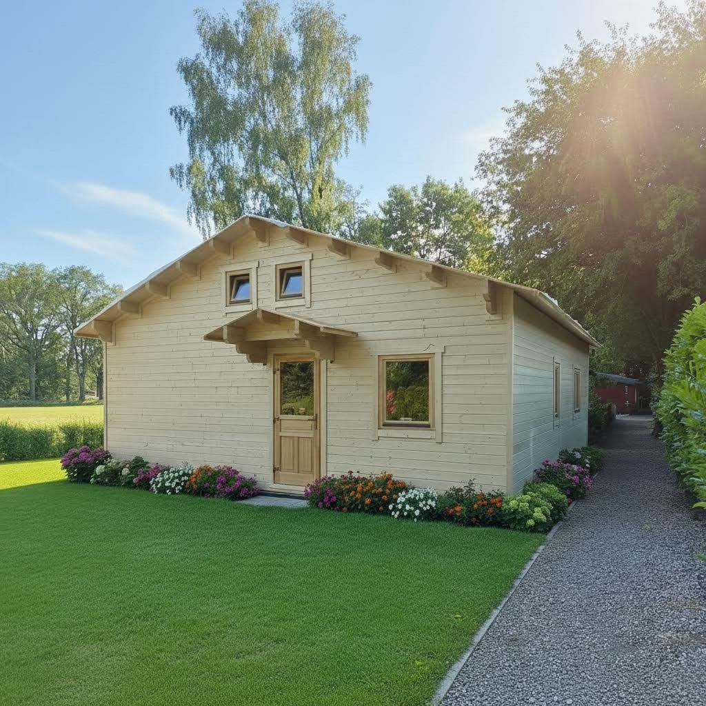 Ein kleines, helles Holzhaus Rosenau 70 mit einem Satteldach, zwei Fenstern an der Vorderseite und einer zentralen Tür. Es ist umgeben von grünem Gras, Blumenbeeten und einem Kieselweg an einem klaren, sonnigen Tag.