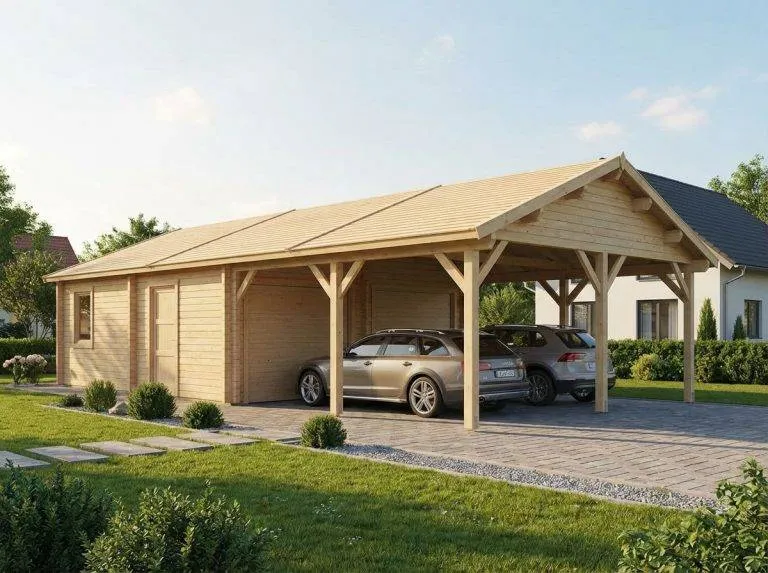 Großer Carport aus Holz mit zwei Autos. Moderner Doppelcarport und Geräteschuppen für PKW. Holzcarport im Garten.
